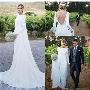 Ivory satin long sleeve wedding dress